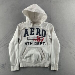 Aeropostale Hoodie Womens‎ XS White Cotton Polyester Fleece Pullover Sweatshirt